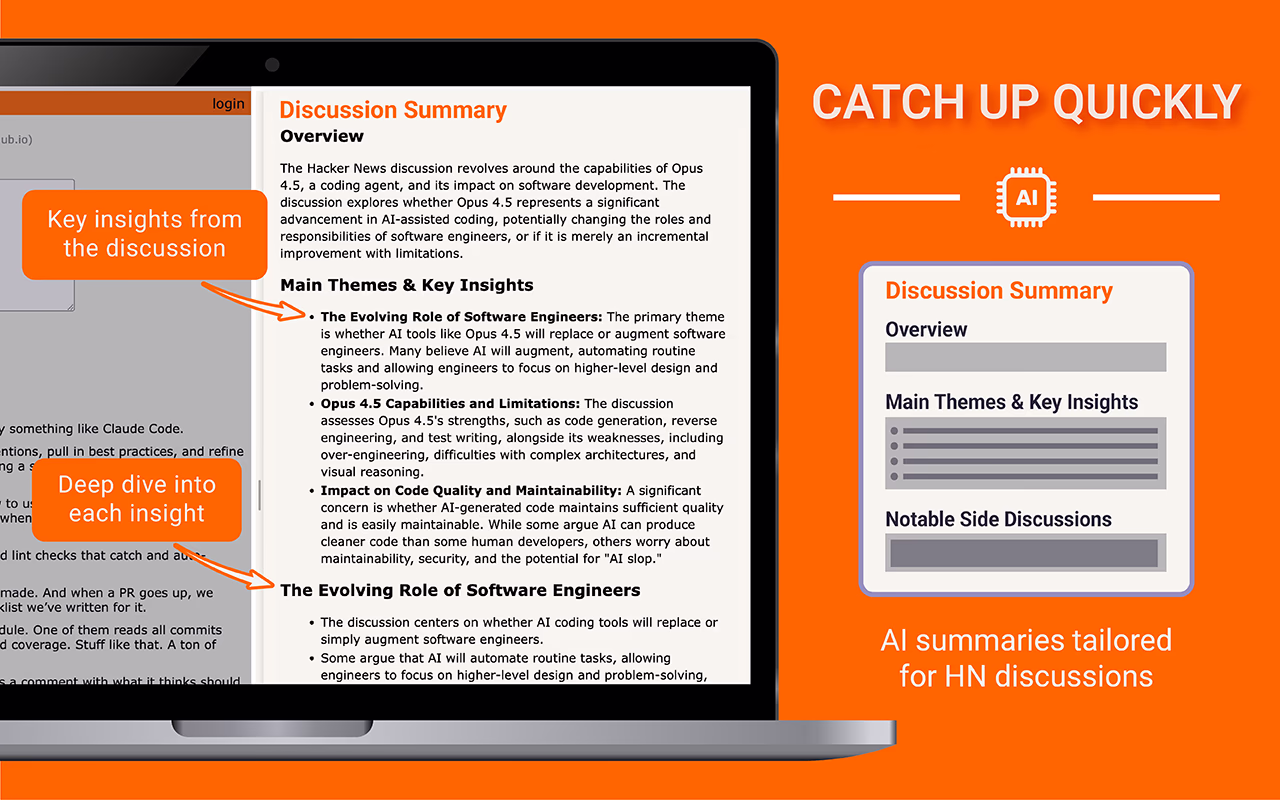 Screenshot showing the summary panel with discussion overview and key insights