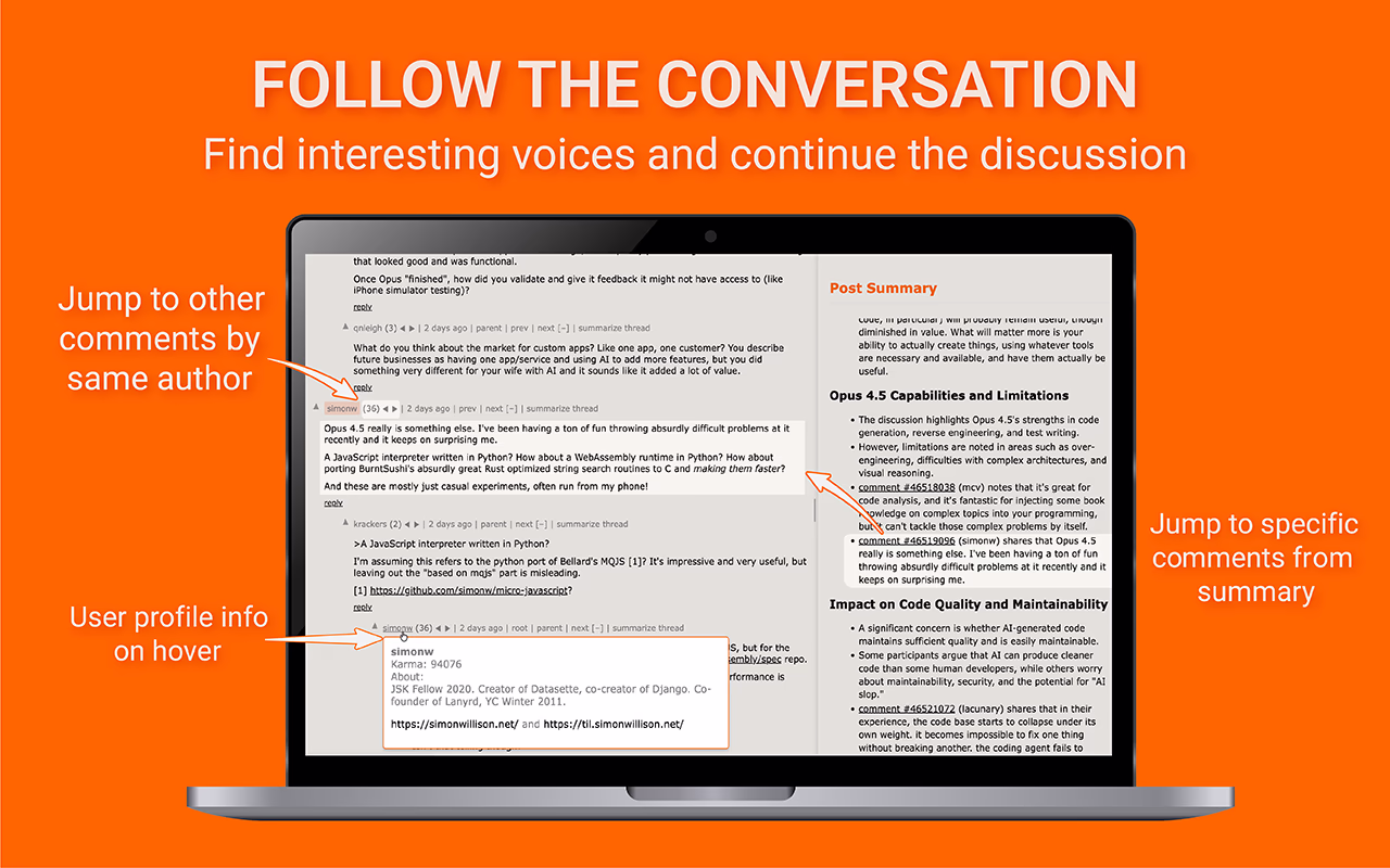 Screenshot showing comment navigation and author tracking features
